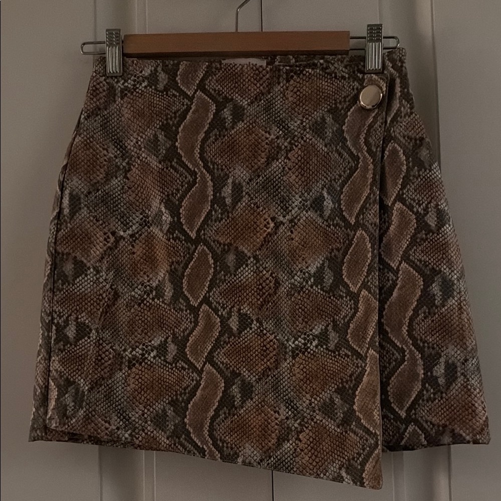 Snake Print Wrap Mini Skirt in Brown